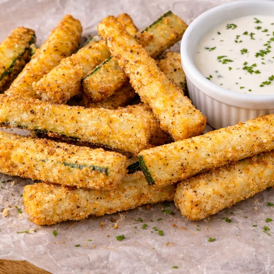 Crispy breaded zucchini fries piled on parchment paper, with a side of creamy ranch dip.