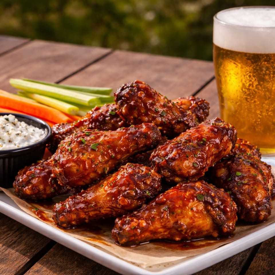 Plate of BBQ chicken wings with ranch, celery, carrots, and a glass of beer on a wooden table.