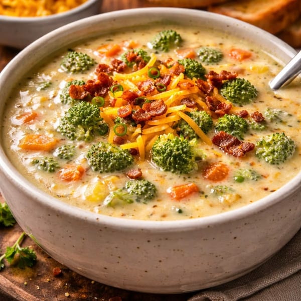 Creamy broccoli cheddar soup with bacon bits and green onions in a white bowl.