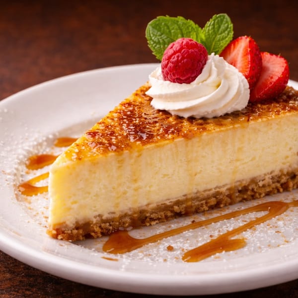 Slice of cheesecake with caramelized top, whipped cream, raspberry, strawberries, and mint on a white plate.