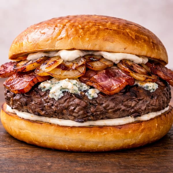Gourmet burger with a thick patty, bacon, caramelized onions, and blue cheese on a brioche bun.